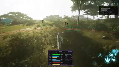The Isle Evirma Herrerasaurus moving through open grass with dinosaur distance labels and an on-screen stats panel.