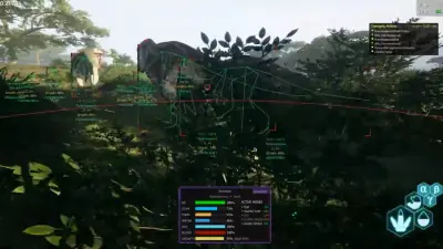 The Isle Evirma jungle firefight view with wireframe boxes on multiple dinosaurs and growth readouts in the distance.
