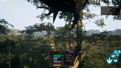The Isle Evirma canopy perch looking down on marked dinosaurs near a fence line with overlay stats visible.