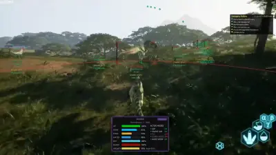 The Isle Evirma valley scene with a Stegosaurus ahead and distant dinosaurs tagged with meters and growth text.