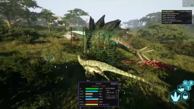 The Isle Evirma brush line with two large dinosaurs framed by boxes and a stats panel listing active overlay modes.