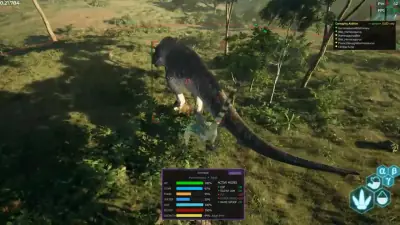 The Isle Evirma Carnotaurus centered in a red target box with a ground range ring and overlay vitals.