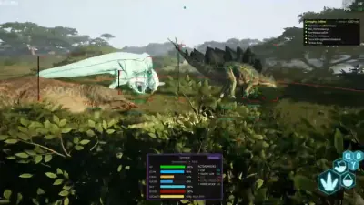 The Isle Evirma mixed herd scene with wireframe skeletons on several dinosaurs and labeled distances across the map.
