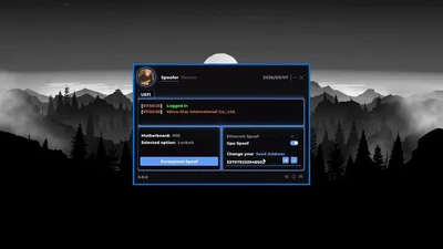 Firmware-Spoof-Tab mit Permanent-Schalter, GPU- und LAN-Toggles und Seed-Feld auf dunklem Operator-Layout.